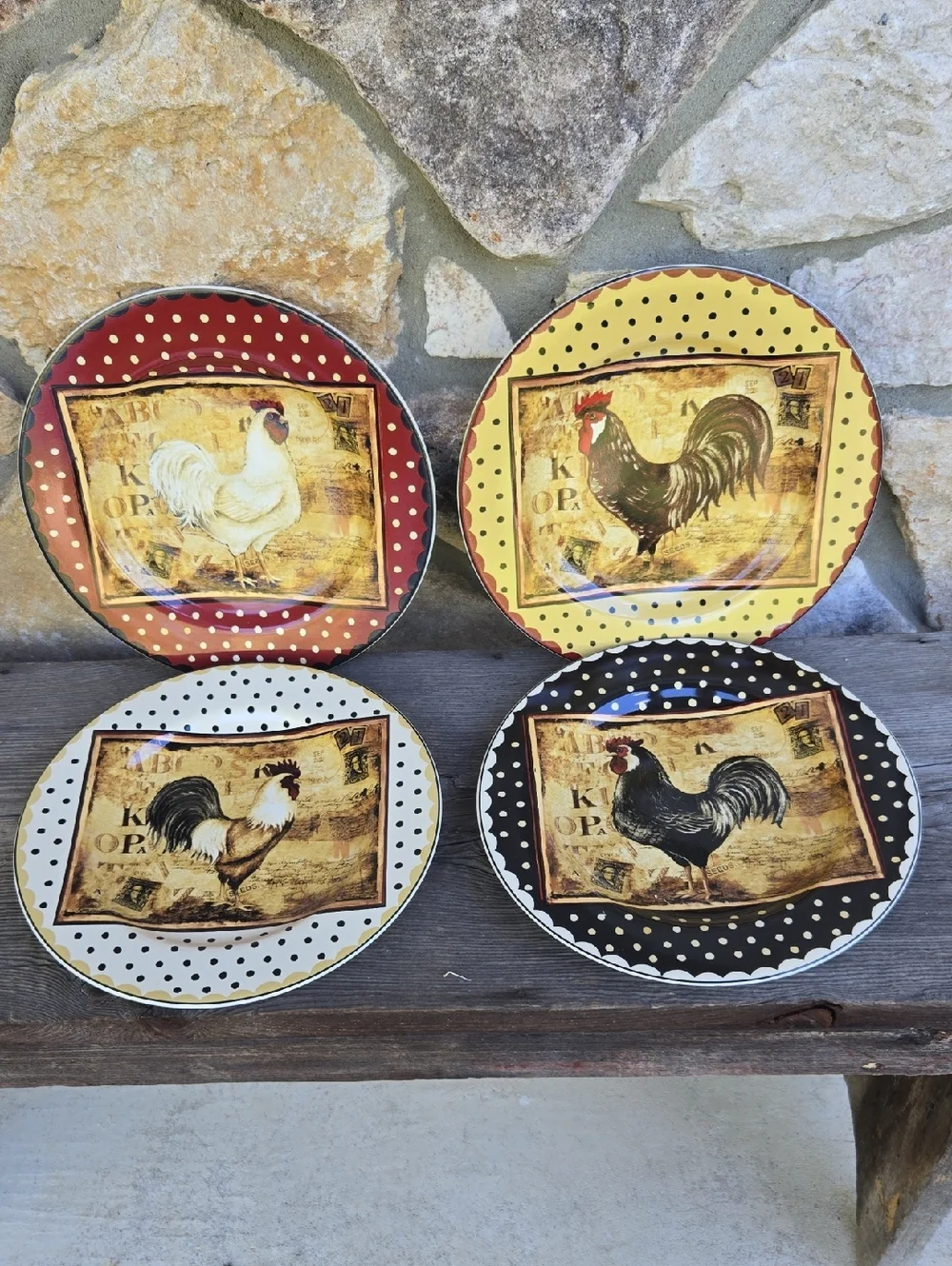 Sakura Retro Rooster Stoneware Plate Set‎ Farmhouse Country Cottage